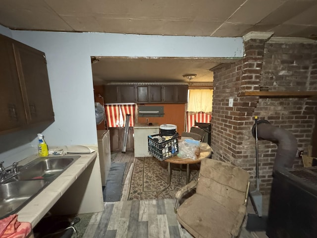 interior space featuring dark brown cabinetry, light hardwood / wood-style floors, a wood stove, and sink