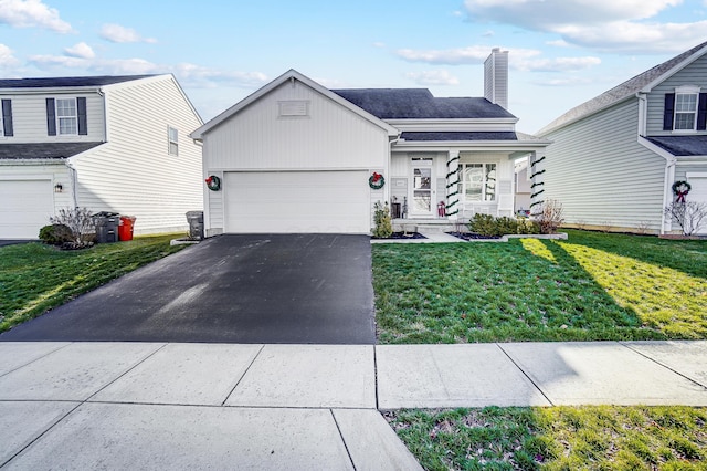 view of front of property with a garage and a front lawn