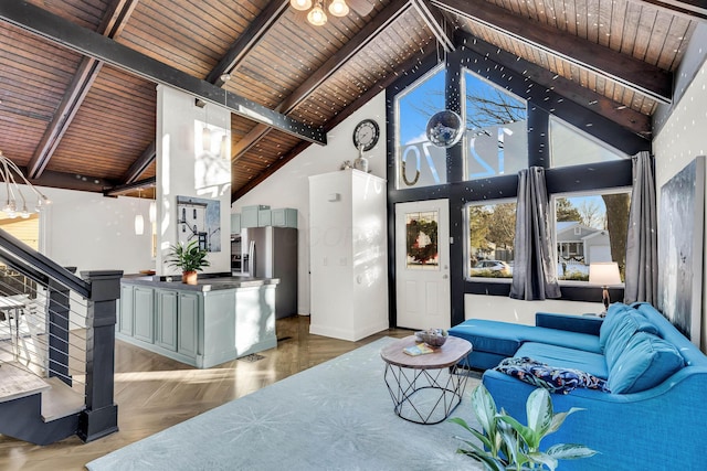 living room with high vaulted ceiling, beam ceiling, and wooden ceiling