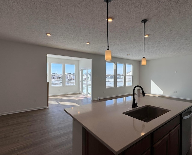 kitchen with hardwood / wood-style flooring, dishwasher, decorative light fixtures, sink, and a kitchen island with sink