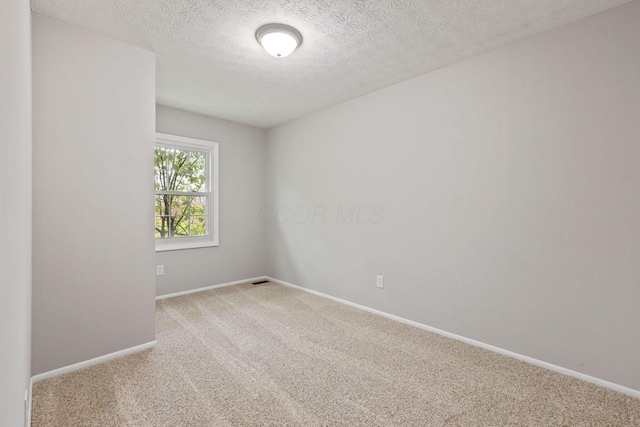 unfurnished room featuring light colored carpet and a textured ceiling