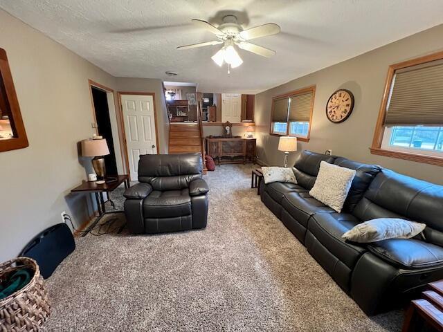 carpeted living room with ceiling fan and a textured ceiling