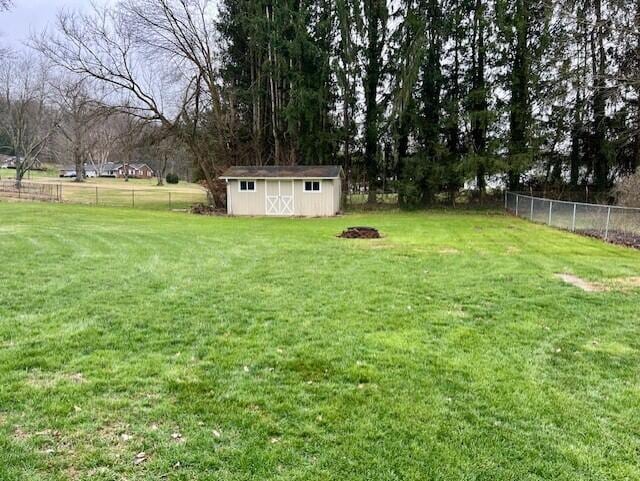 view of yard featuring a storage shed