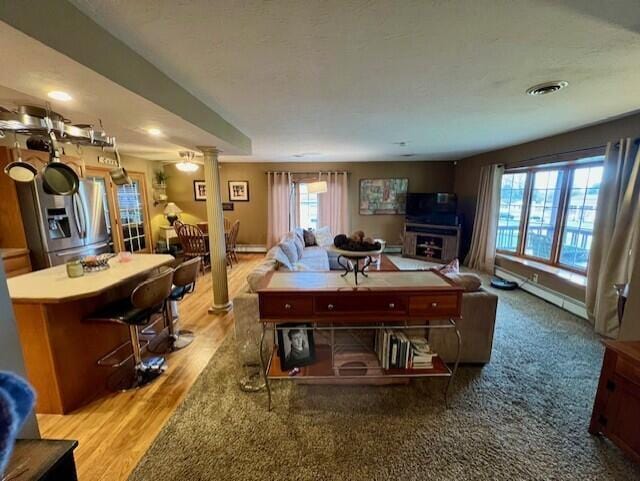 living room featuring ornate columns, plenty of natural light, a baseboard radiator, and light wood-type flooring