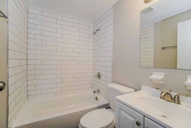 full bathroom featuring a textured ceiling, toilet, visible vents, vanity, and tub / shower combination