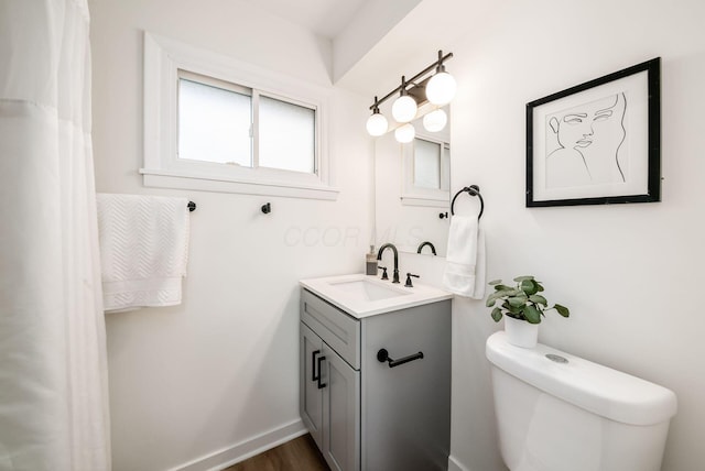 bathroom with vanity, wood-type flooring, and toilet