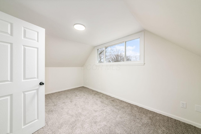 additional living space featuring light colored carpet and lofted ceiling