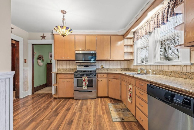 kitchen with sink, hanging light fixtures, dark wood-type flooring, a notable chandelier, and appliances with stainless steel finishes