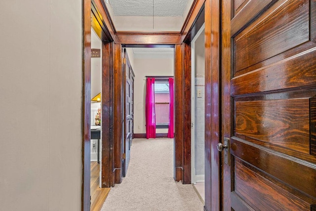 corridor featuring light colored carpet and a textured ceiling