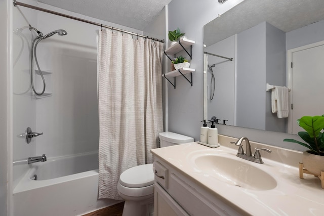 full bathroom with a textured ceiling, toilet, vanity, and shower / tub combo with curtain