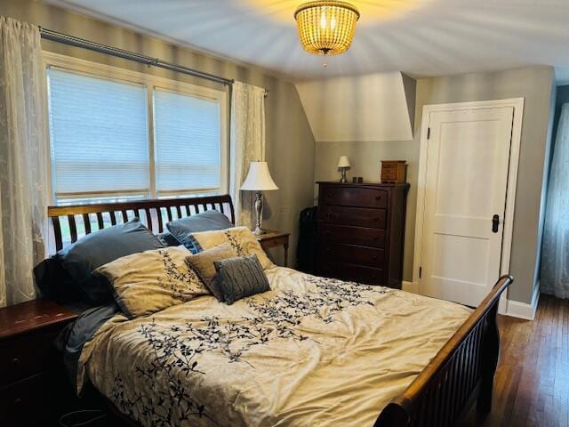 bedroom with lofted ceiling and dark wood-type flooring