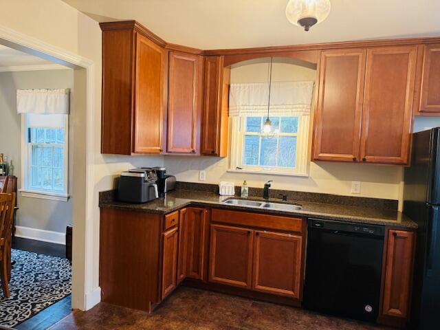 kitchen featuring sink, hanging light fixtures, and black appliances