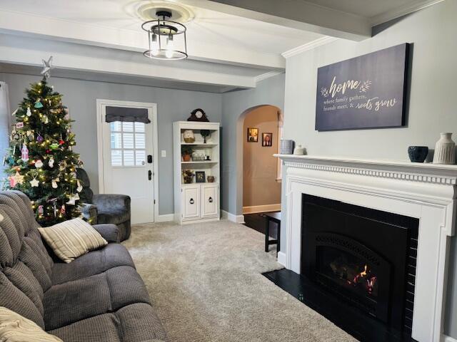 carpeted living room featuring beamed ceiling and ornamental molding