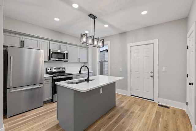 kitchen with a center island with sink, sink, gray cabinets, light wood-type flooring, and stainless steel appliances