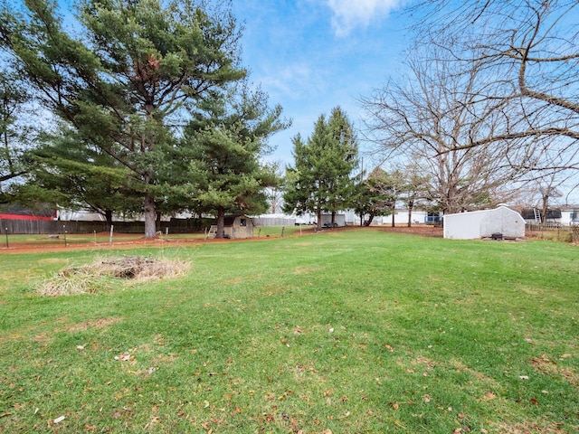 view of yard featuring a storage unit