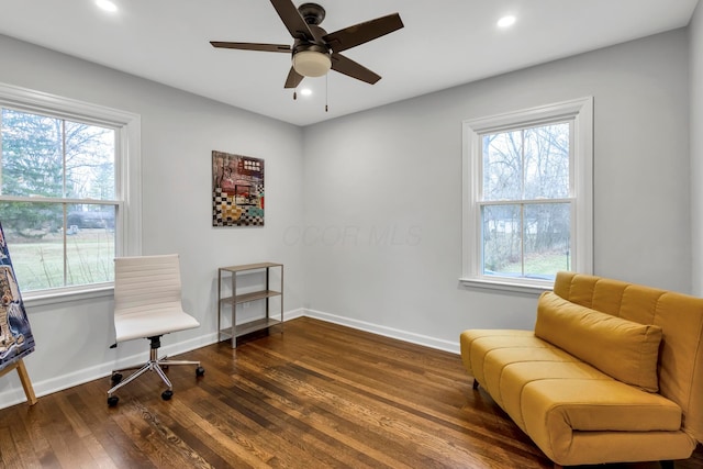 living area with ceiling fan and dark hardwood / wood-style floors