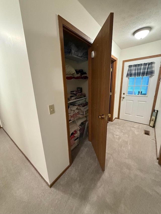 interior space featuring a textured ceiling and light colored carpet