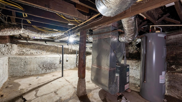 basement with heating unit and water heater