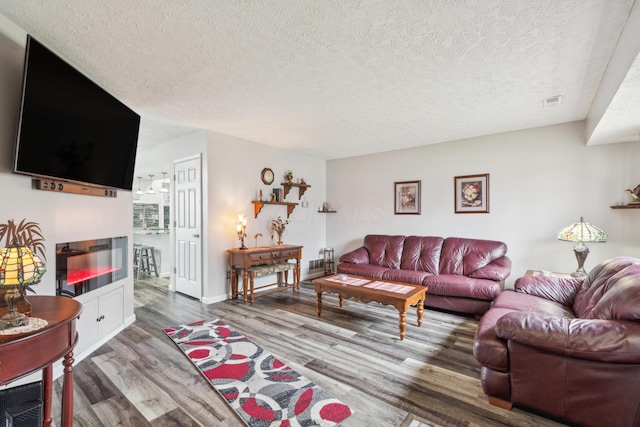 living room with wood-type flooring and a textured ceiling