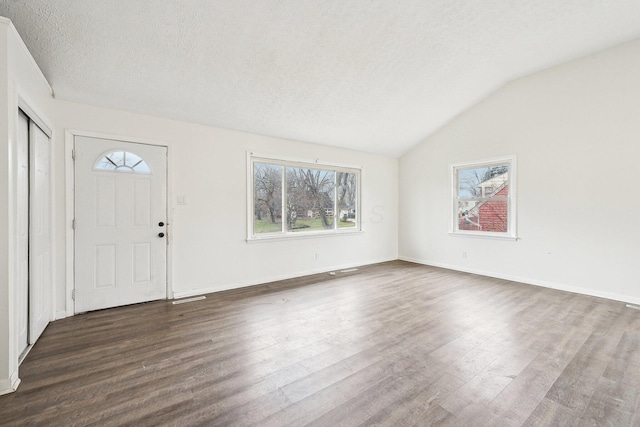 entryway featuring a textured ceiling, dark wood-type flooring, and lofted ceiling