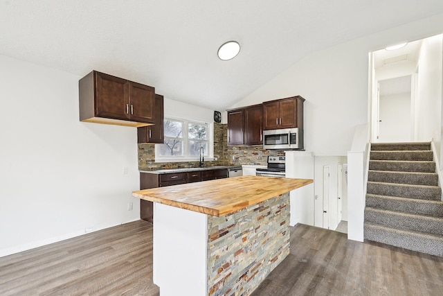 kitchen with dark brown cabinets, stainless steel appliances, butcher block countertops, and dark hardwood / wood-style floors