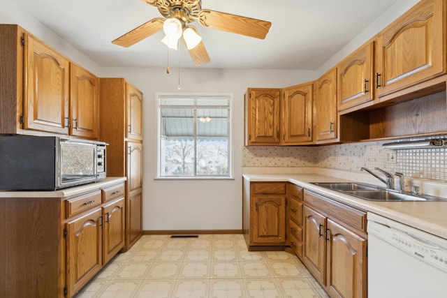 kitchen with ceiling fan, dishwasher, sink, and decorative backsplash