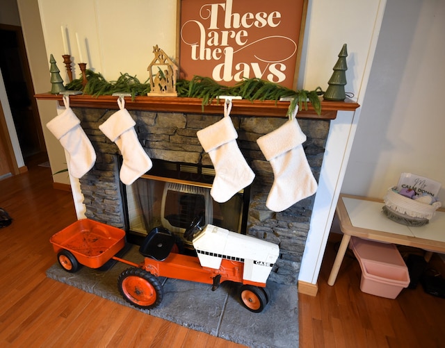 details featuring a fireplace and hardwood / wood-style floors