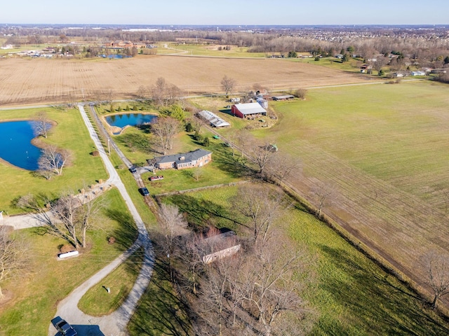 bird's eye view featuring a rural view and a water view