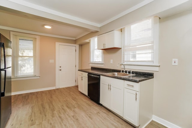 kitchen featuring white cabinetry, sink, black dishwasher, refrigerator, and light hardwood / wood-style floors