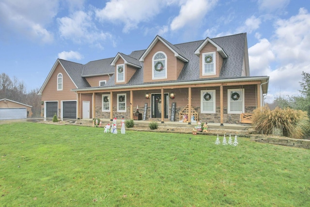 cape cod home featuring a porch and a front lawn