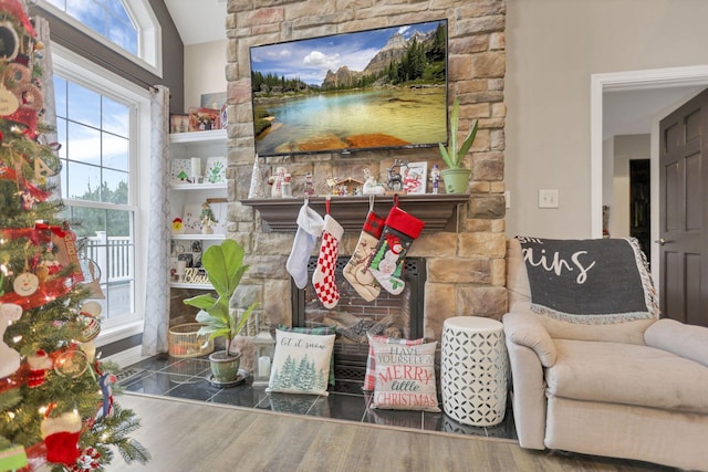 living room featuring dark hardwood / wood-style flooring and a fireplace