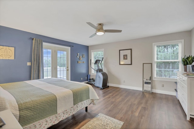 bedroom featuring access to exterior, ceiling fan, french doors, and dark wood-type flooring