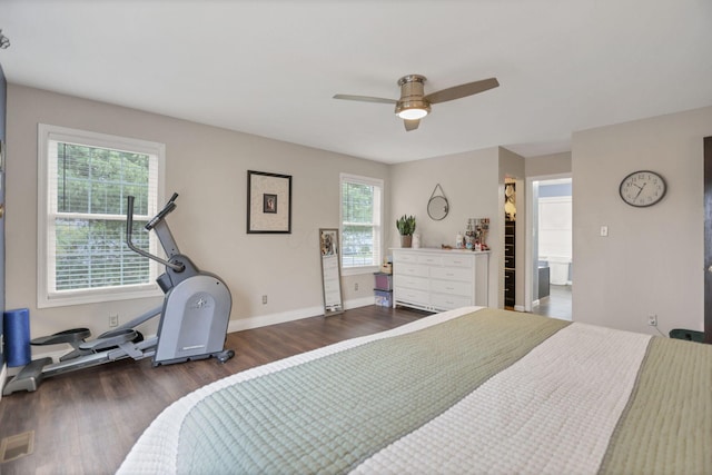 bedroom featuring ceiling fan, dark hardwood / wood-style flooring, and ensuite bathroom