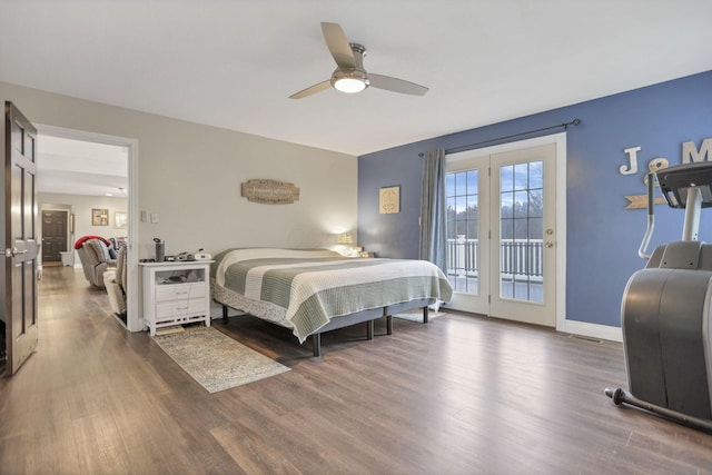 bedroom with ceiling fan, access to outside, and dark hardwood / wood-style floors