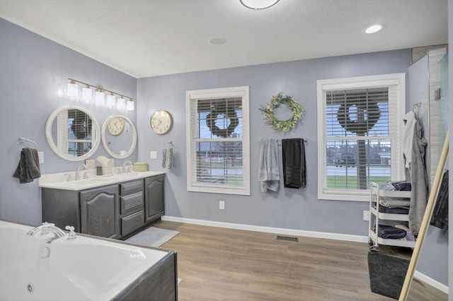 bathroom with vanity, hardwood / wood-style floors, and a bathtub