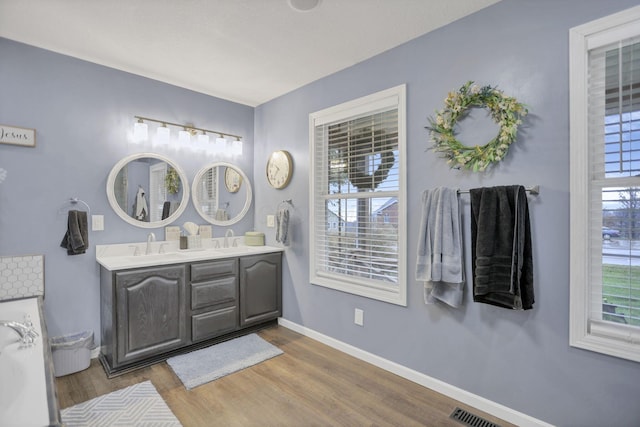 bathroom with hardwood / wood-style floors and vanity