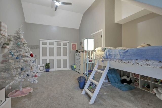 carpeted bedroom with high vaulted ceiling and ceiling fan