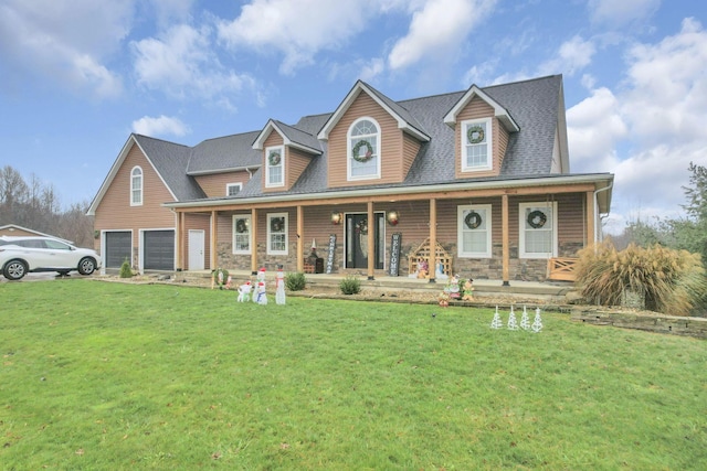 new england style home with a front lawn, covered porch, and a garage