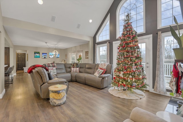 living room with hardwood / wood-style flooring and high vaulted ceiling