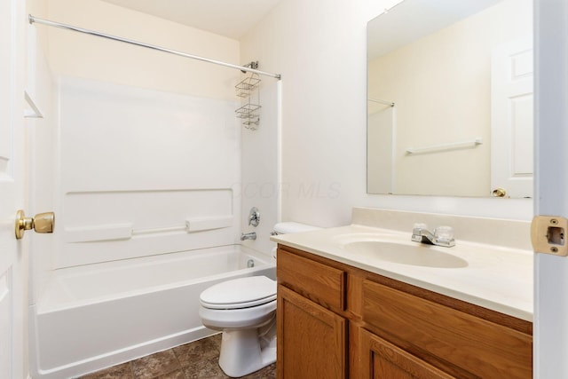 full bathroom featuring tile patterned flooring, vanity,  shower combination, and toilet