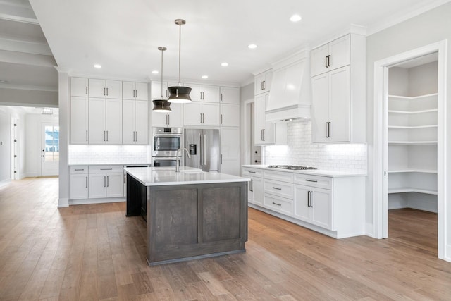 kitchen with appliances with stainless steel finishes, hanging light fixtures, light countertops, premium range hood, and white cabinetry