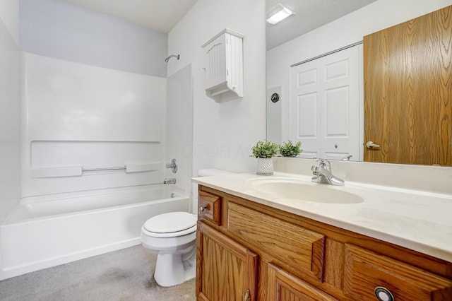 full bathroom with toilet, vanity, and bathing tub / shower combination