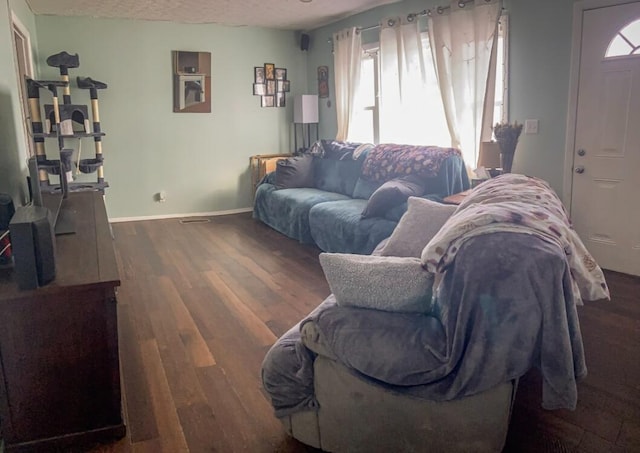 living room featuring a textured ceiling and dark hardwood / wood-style flooring