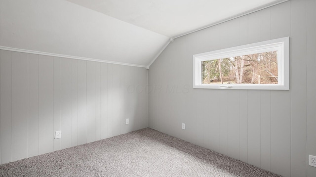 bonus room featuring lofted ceiling, carpet floors, and wooden walls