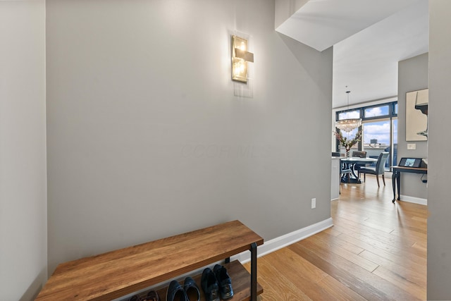 hallway featuring light wood-type flooring and a wall of windows