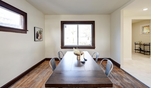 dining space with hardwood / wood-style flooring