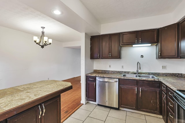 kitchen with sink, light tile patterned floors, electric range, a notable chandelier, and dishwasher
