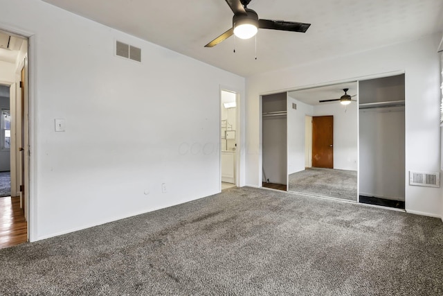 unfurnished bedroom with carpet flooring, a closet, and ceiling fan
