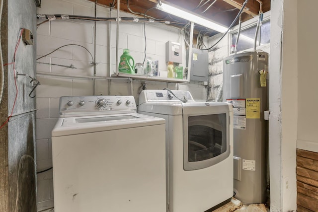 laundry room with washing machine and dryer, electric panel, and water heater