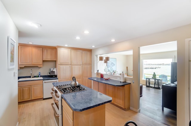 kitchen with high end range, light wood-type flooring, white dishwasher, sink, and a center island